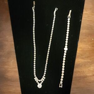 Vintage Retro 2pc Set Rhinestone Necklace 15" Triangle Drop Bracelet 7.5"  Gift